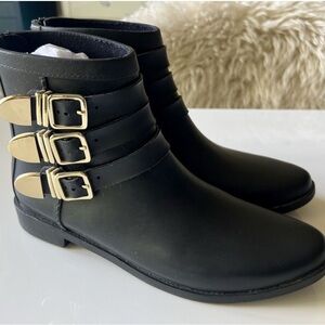 Loeffler Randall
 Black Rain Boots Ankle Boots with Gold Buckles Size 8